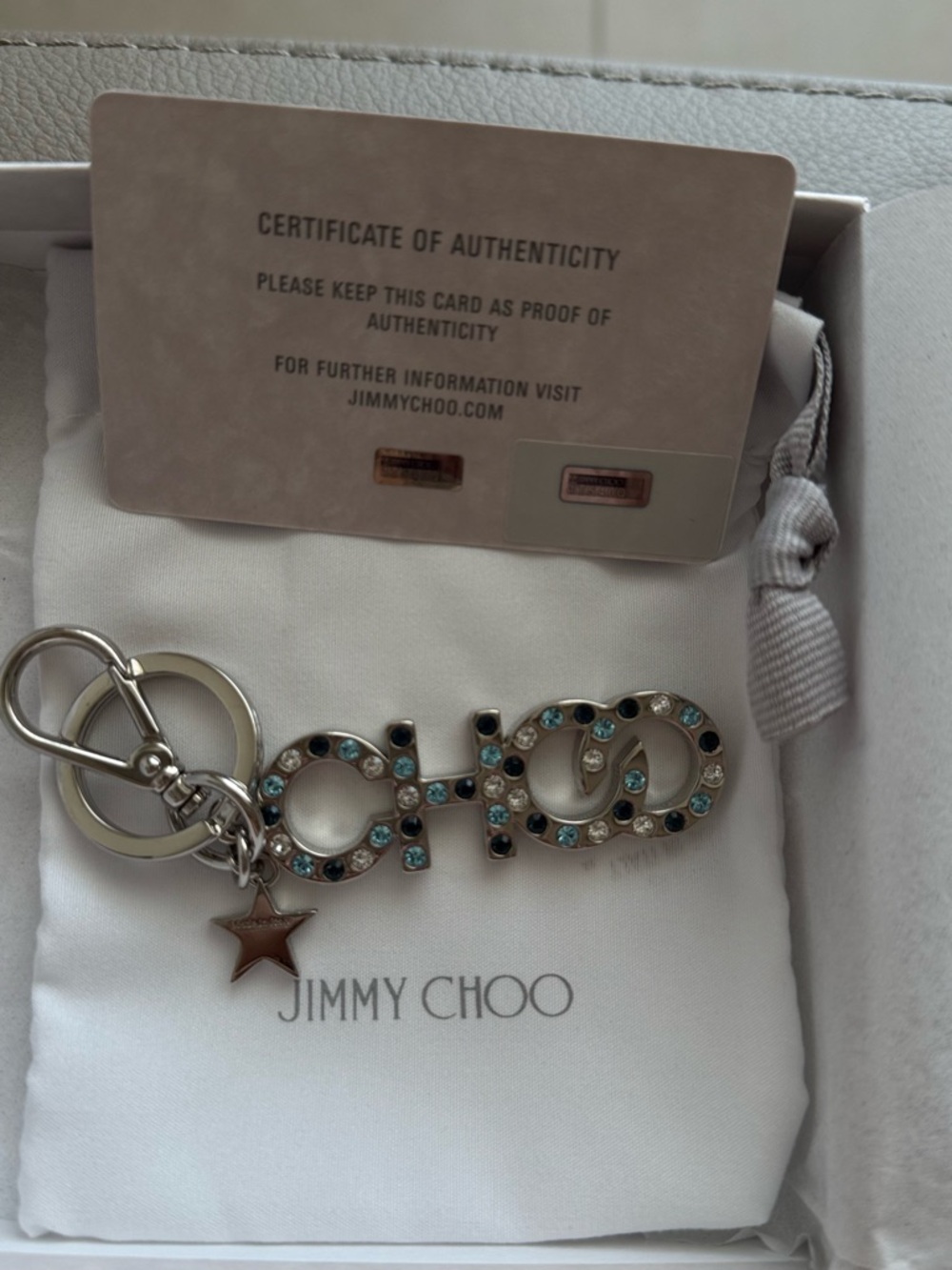 Jimmy Choo Silver Logo Charm Keychain with Crystals